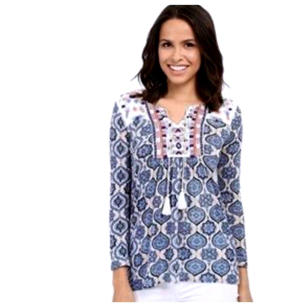 Lucky Brand blue white‎ boho medallion print peasant top colorful embroidery NWT